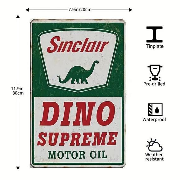 Metal Tin Sign • Vintage Petroliana • Sinclair Dino Supreme Motor Oil • Dinosaur - Picture 3 of 9